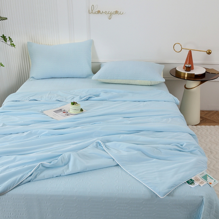91家纺网 家纺一手货源 找家纺 薇玛仕 2026新款锦氨冰淇淋凉感丝夏凉被乳胶床单夏被四件套 冰爽蓝