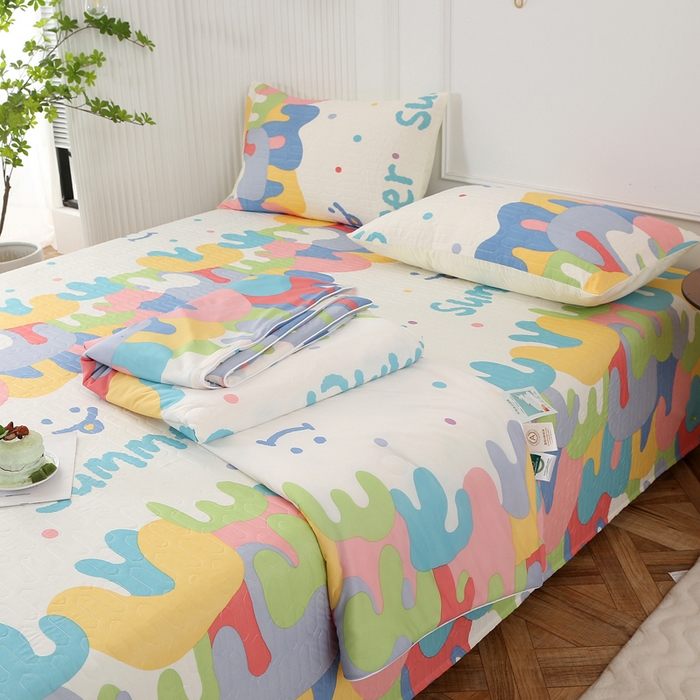 91家纺网 家纺一手货源 找家纺 薇玛仕 2026新款锦氨冰淇淋凉感丝夏凉被乳胶床单夏被四件套 多味彩虹