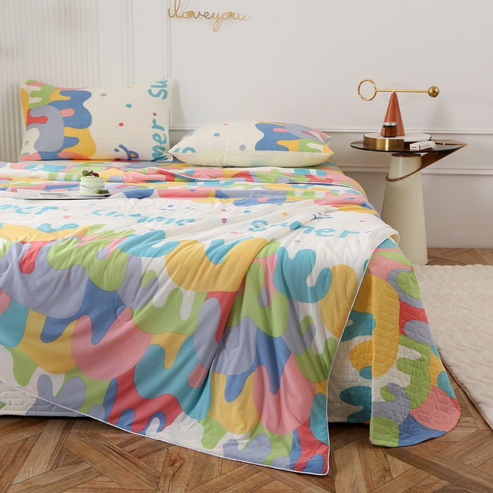 91家纺网 家纺一手货源 找家纺 薇玛仕 2026新款锦氨冰淇淋凉感丝夏凉被乳胶床单夏被四件套 多味彩虹