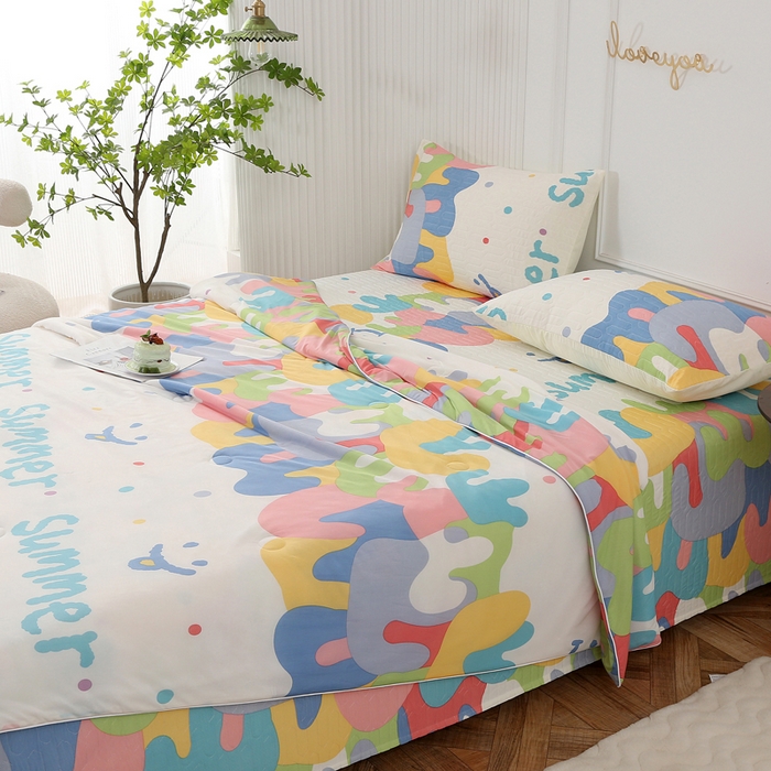 91家纺网 家纺一手货源 找家纺 薇玛仕 2026新款锦氨冰淇淋凉感丝夏凉被乳胶床单夏被四件套 多味彩虹