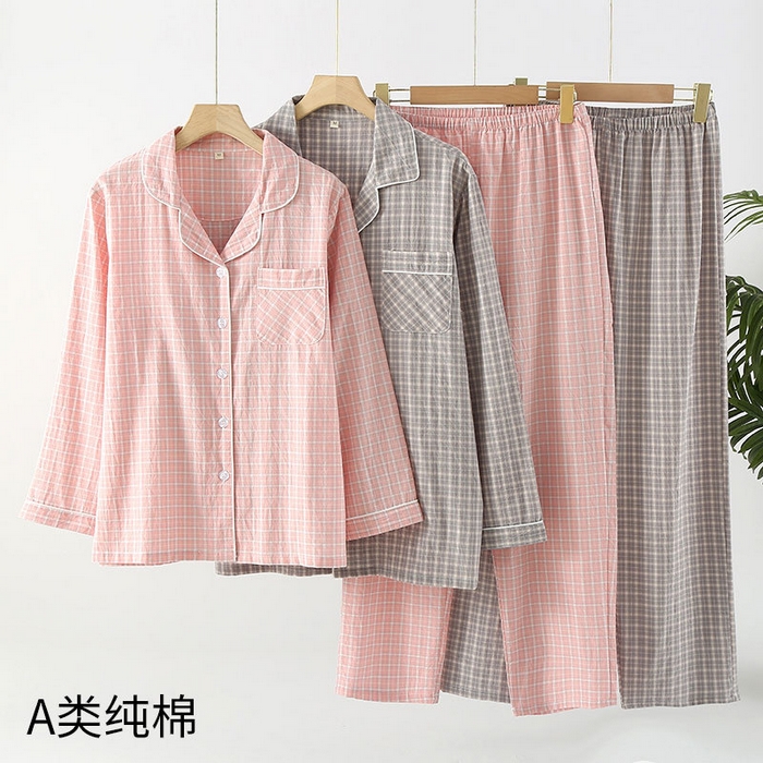 91家纺网 家纺一手货源 找家纺 （总）洛兰沙家居馆 新品纯棉睡衣女 水洗棉纯棉长袖春秋夏薄款长袖男情侣格子家居服