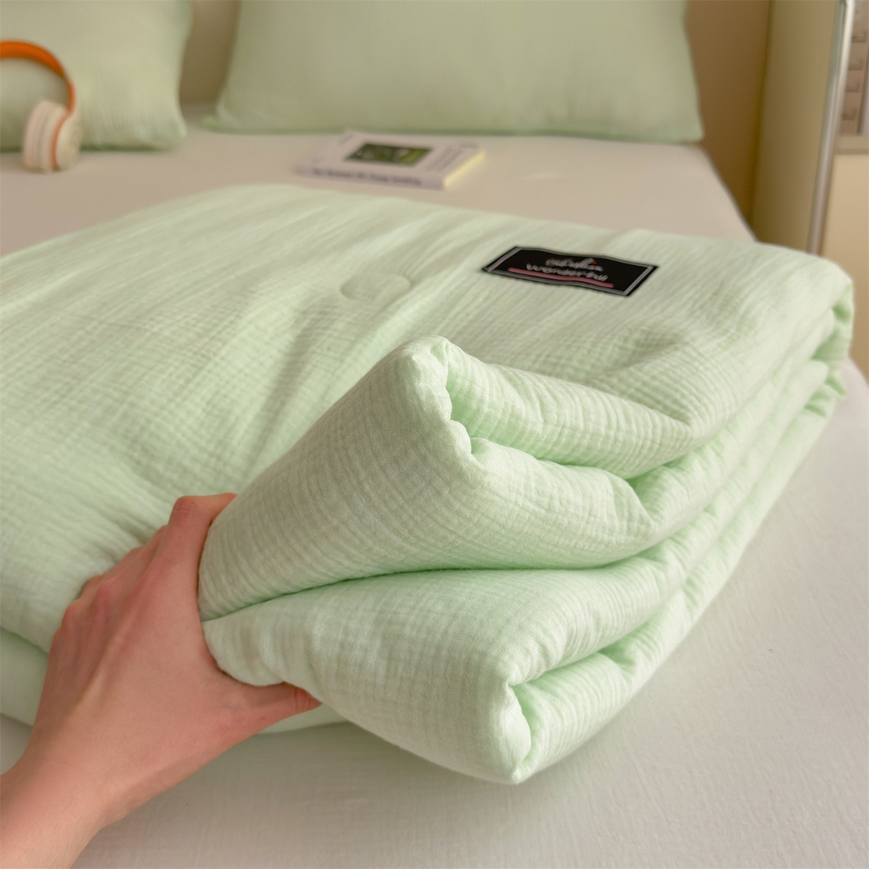 91家纺网 家纺一手货源 找家纺 布凡家居 2026新款A类母婴级全棉皱皱纱大豆夏被夏凉被空调被 马卡龙-果绿
