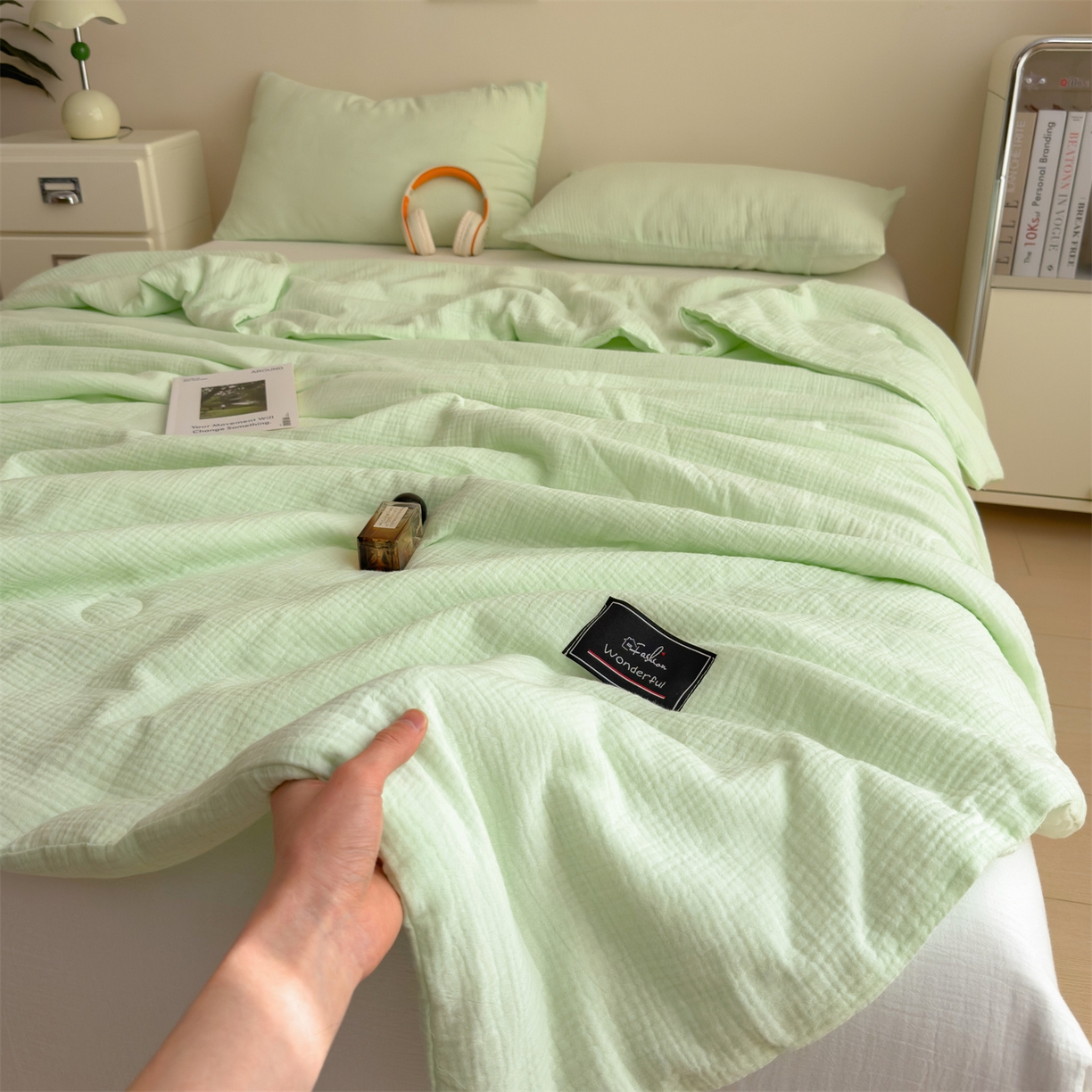 91家纺网 家纺一手货源 找家纺 布凡家居 2026新款A类母婴级全棉皱皱纱大豆夏被夏凉被空调被 马卡龙-果绿