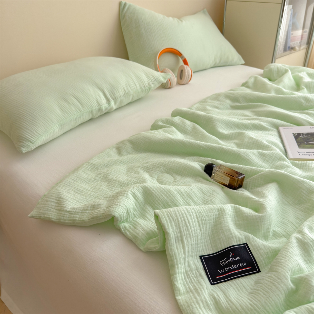 91家纺网 家纺一手货源 找家纺 布凡家居 2026新款A类母婴级全棉皱皱纱大豆夏被夏凉被空调被 马卡龙-果绿