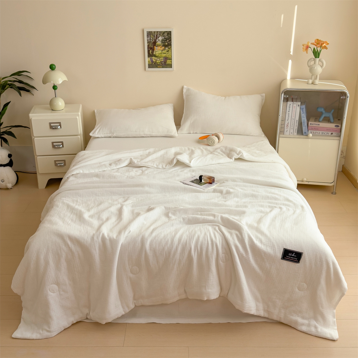 91家纺网 家纺一手货源 找家纺 布凡家居 2026新款A类母婴级全棉皱皱纱大豆夏被夏凉被空调被 马卡龙-米白