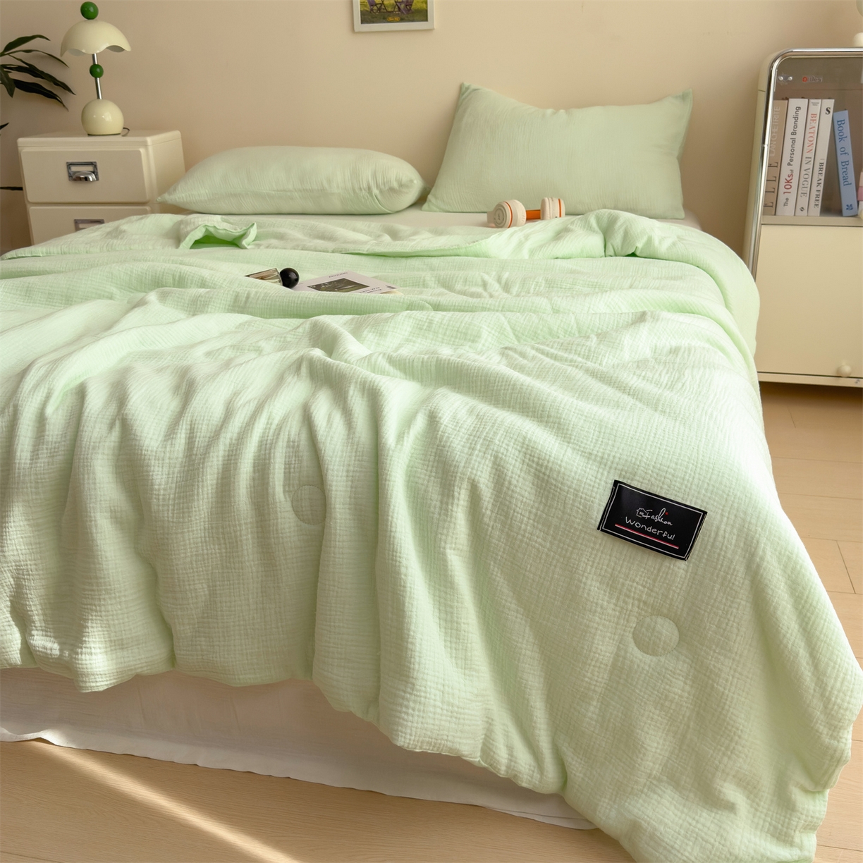 91家纺网 家纺一手货源 找家纺 布凡家居 2026新款A类母婴级全棉皱皱纱大豆夏被夏凉被空调被 马卡龙-果绿