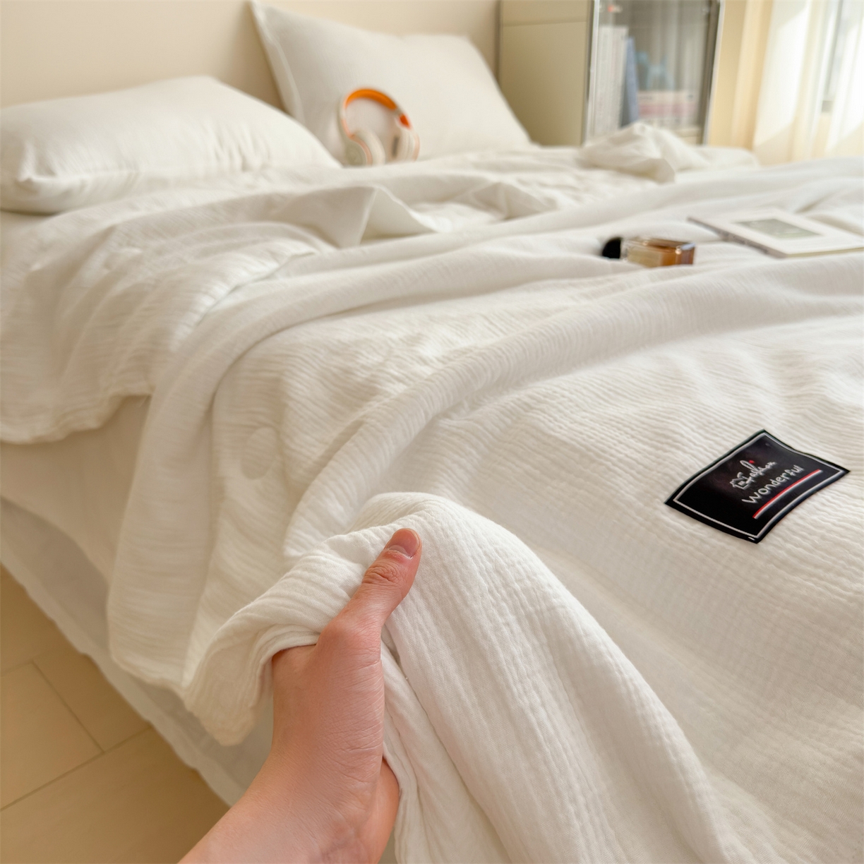 91家纺网 家纺一手货源 找家纺 布凡家居 2026新款A类母婴级全棉皱皱纱大豆夏被夏凉被空调被 马卡龙-米白