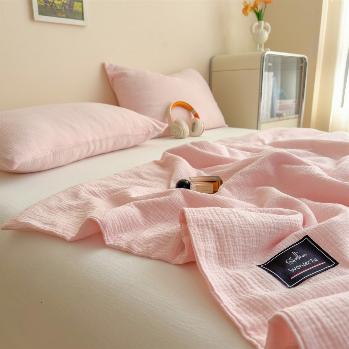 91家纺网 家纺一手货源 找家纺 布凡家居 2026新款A类母婴级全棉皱皱纱大豆夏被夏凉被空调被 马卡龙-樱花粉