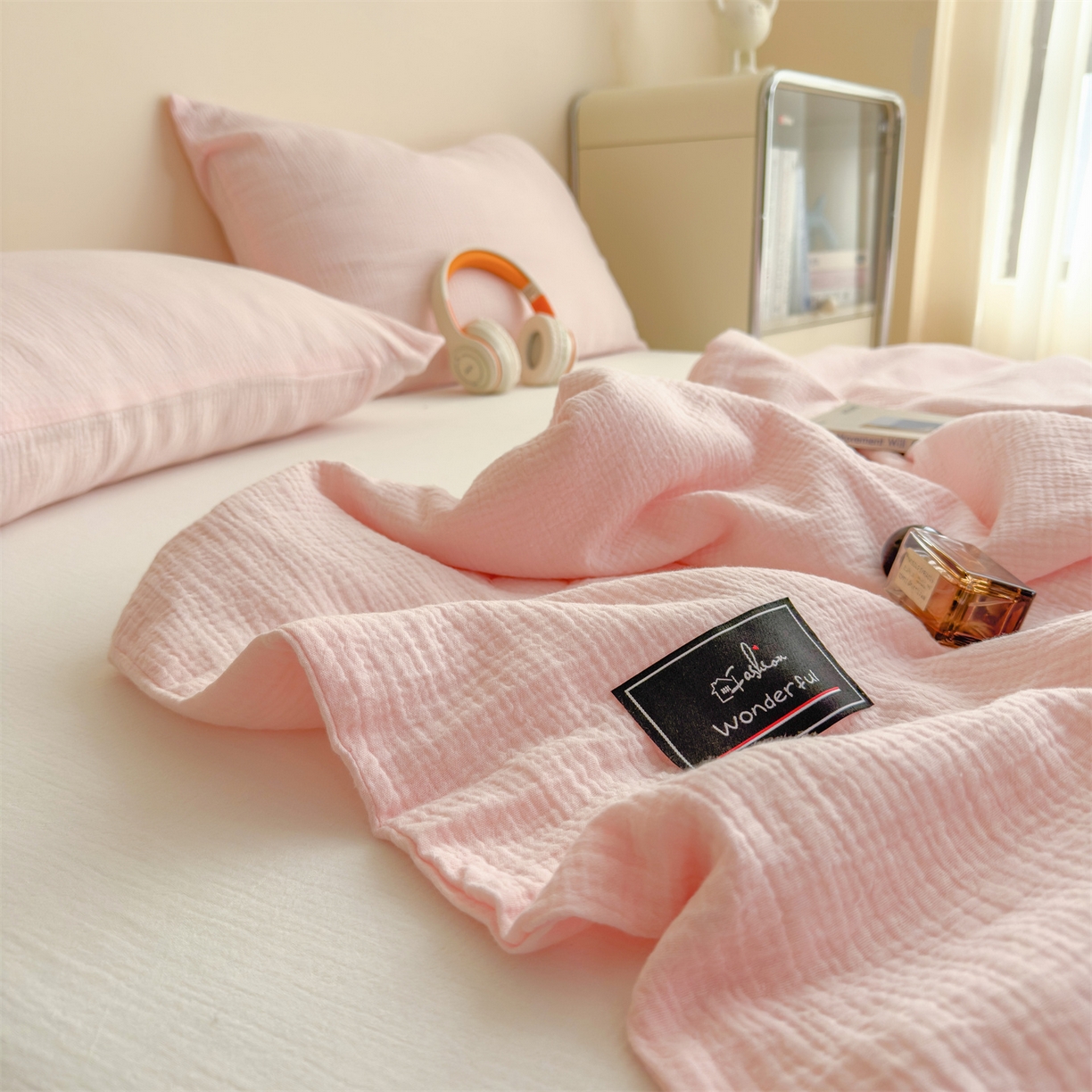 91家纺网 家纺一手货源 找家纺 布凡家居 2026新款A类母婴级全棉皱皱纱大豆夏被夏凉被空调被 马卡龙-樱花粉