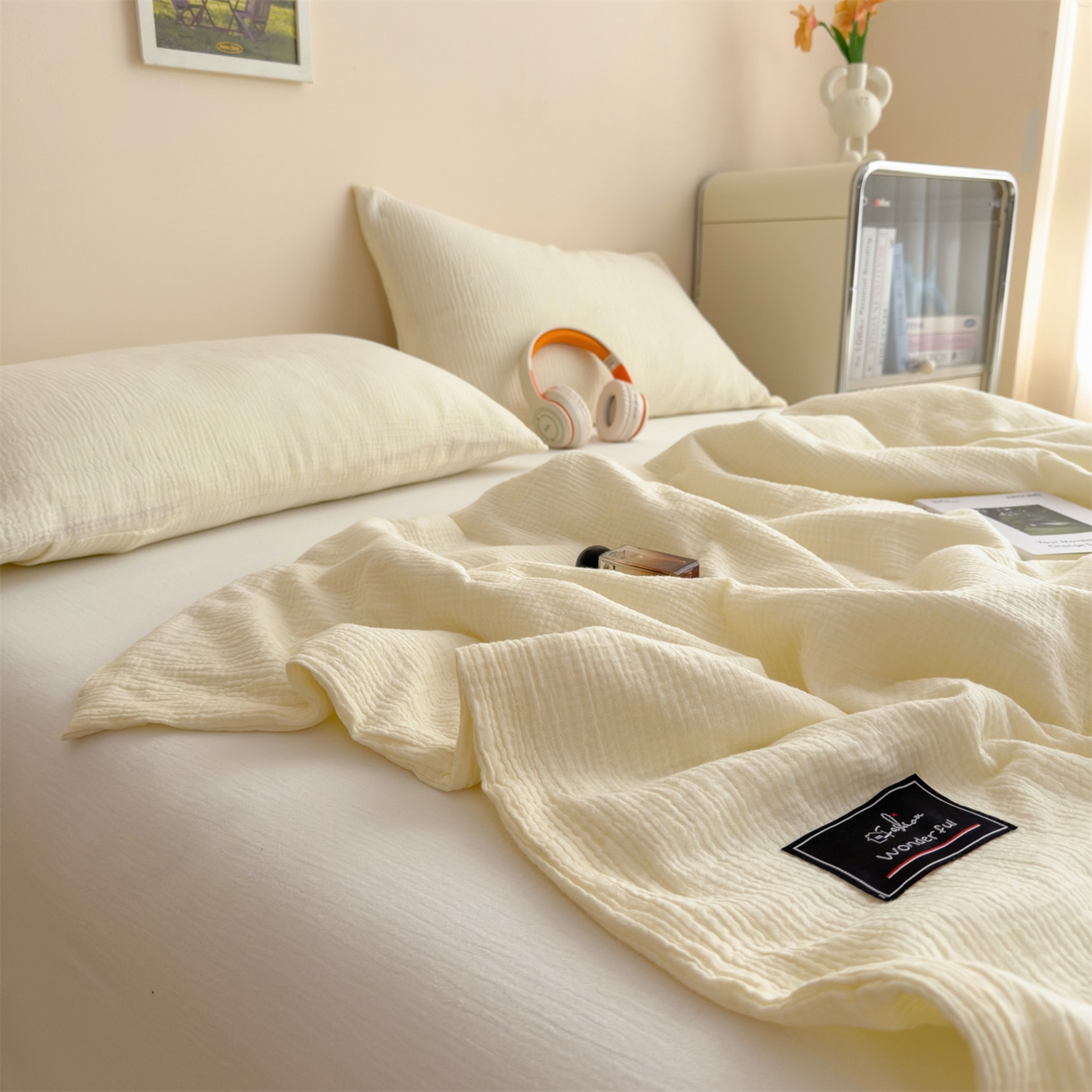 91家纺网 家纺一手货源 找家纺 布凡家居 2026新款A类母婴级全棉皱皱纱大豆夏被夏凉被空调被 马卡龙-米黄