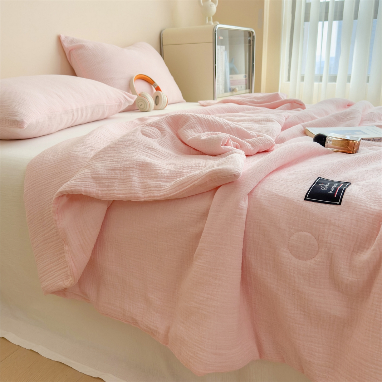 91家纺网 家纺一手货源 找家纺 布凡家居 2026新款A类母婴级全棉皱皱纱大豆夏被夏凉被空调被 马卡龙-樱花粉