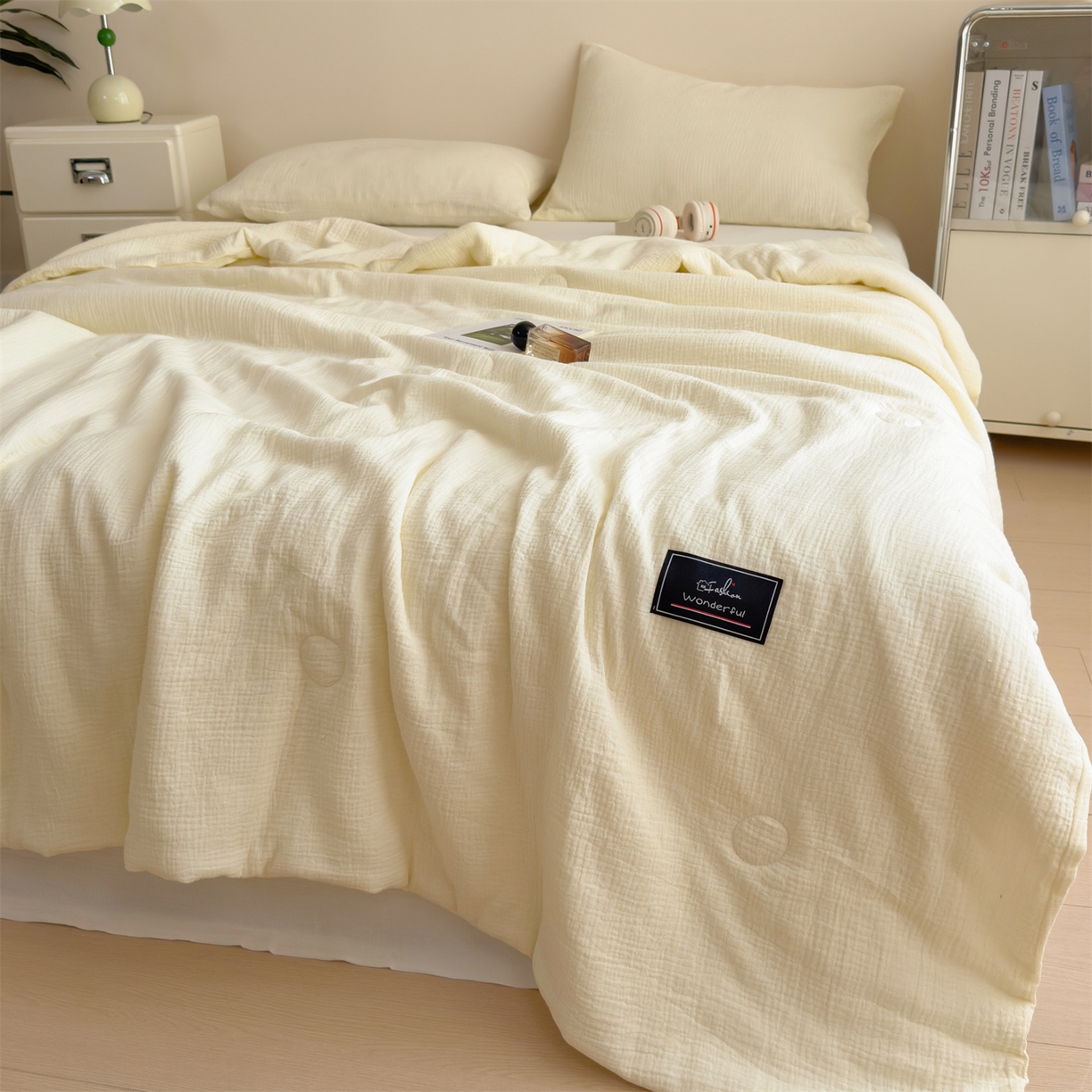 91家纺网 家纺一手货源 找家纺 布凡家居 2026新款A类母婴级全棉皱皱纱大豆夏被夏凉被空调被 马卡龙-米黄