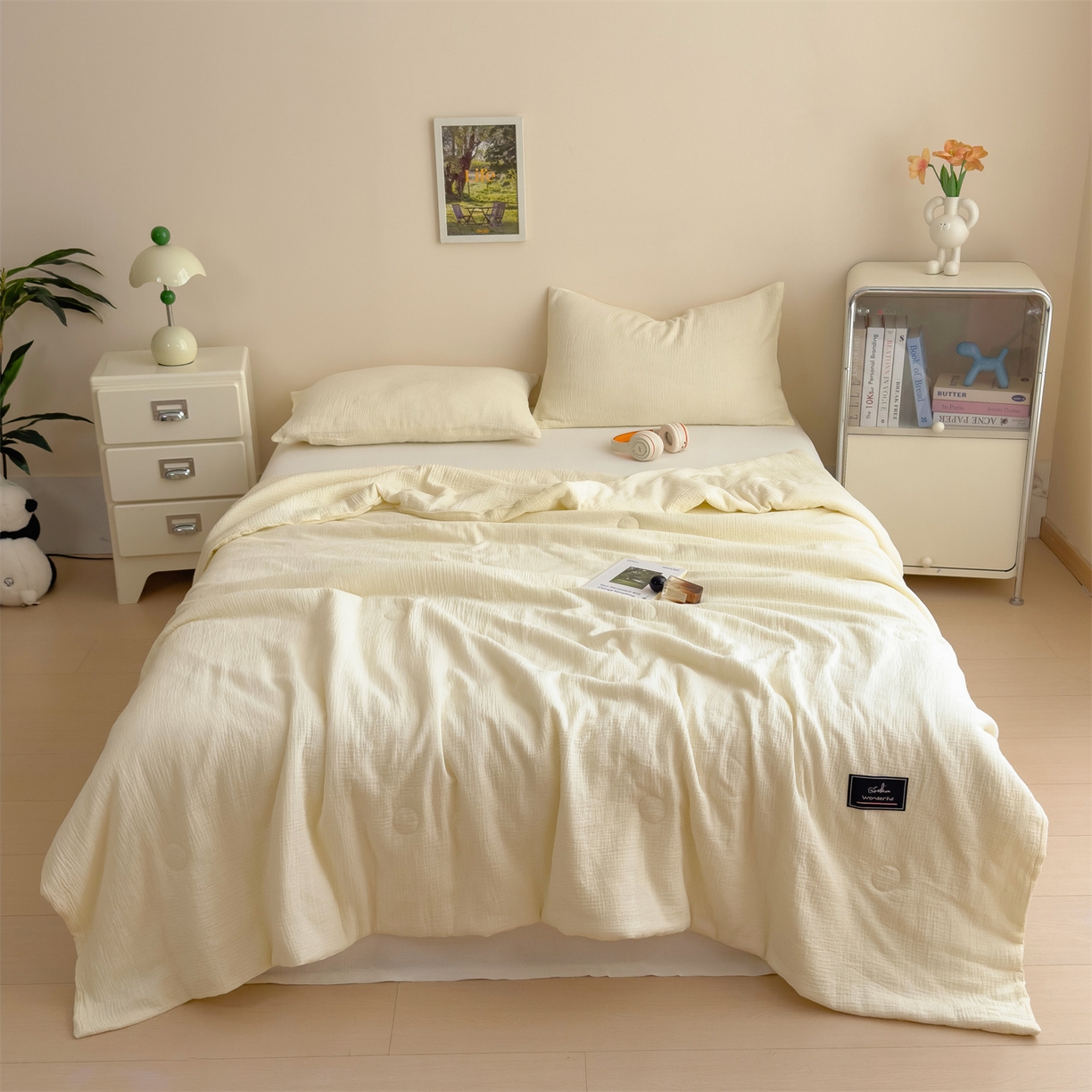 91家纺网 家纺一手货源 找家纺 布凡家居 2026新款A类母婴级全棉皱皱纱大豆夏被夏凉被空调被 马卡龙-米黄