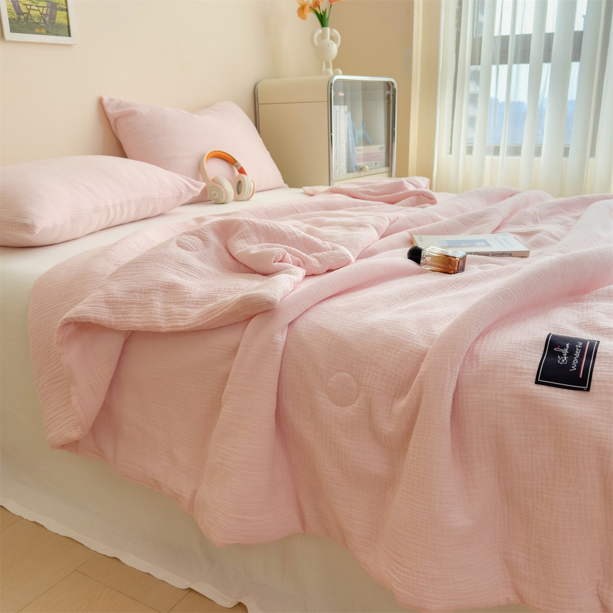 91家纺网 家纺一手货源 找家纺 布凡家居 2026新款A类母婴级全棉皱皱纱大豆夏被夏凉被空调被 马卡龙-樱花粉