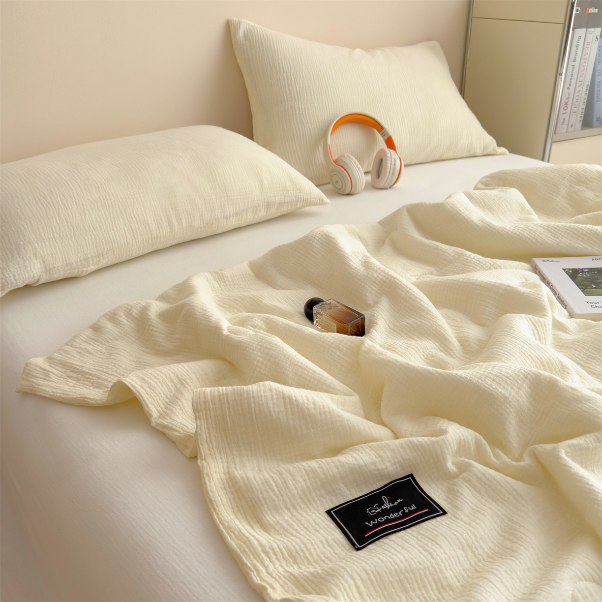 91家纺网 家纺一手货源 找家纺 布凡家居 2026新款A类母婴级全棉皱皱纱大豆夏被夏凉被空调被 马卡龙-米黄