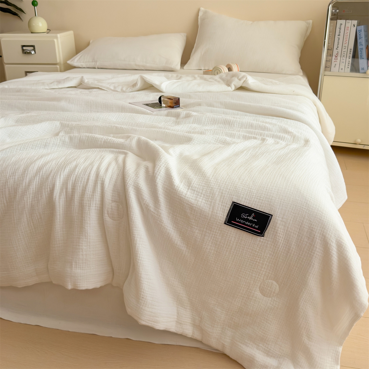 91家纺网 家纺一手货源 找家纺 布凡家居 2026新款A类母婴级全棉皱皱纱大豆夏被夏凉被空调被 马卡龙-米白