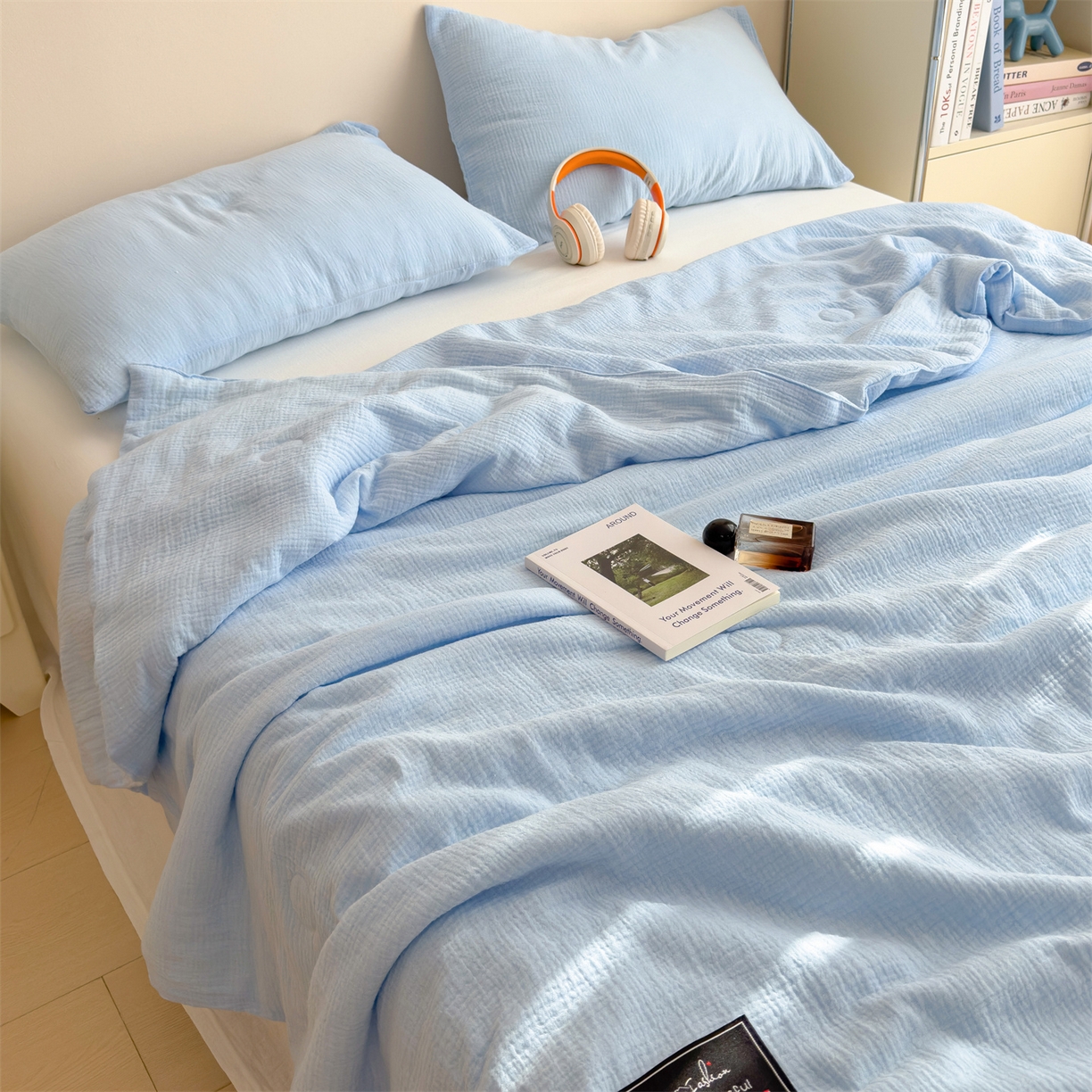 91家纺网 家纺一手货源 找家纺 布凡家居 2026新款A类母婴级全棉皱皱纱大豆夏被夏凉被空调被 马卡龙-天空蓝