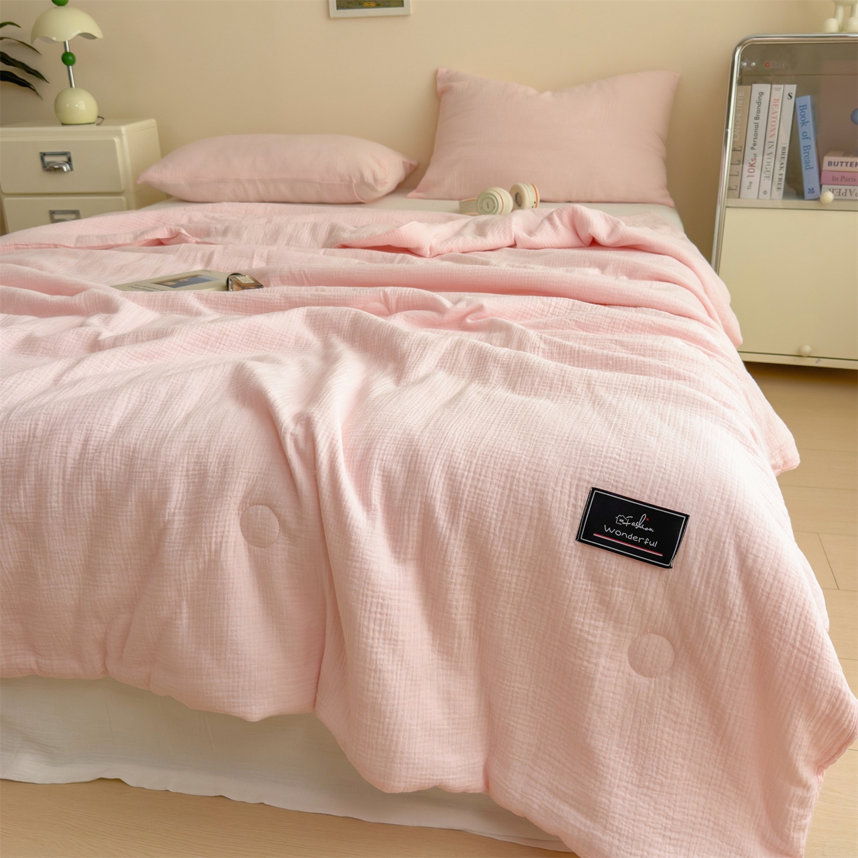 91家纺网 家纺一手货源 找家纺 布凡家居 2026新款A类母婴级全棉皱皱纱大豆夏被夏凉被空调被 马卡龙-樱花粉