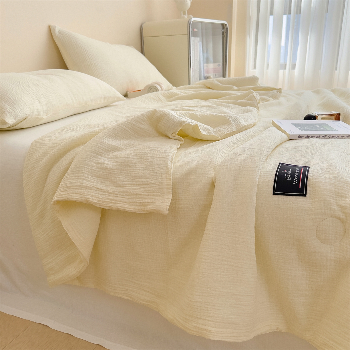 91家纺网 家纺一手货源 找家纺 布凡家居 2026新款A类母婴级全棉皱皱纱大豆夏被夏凉被空调被 马卡龙-米黄