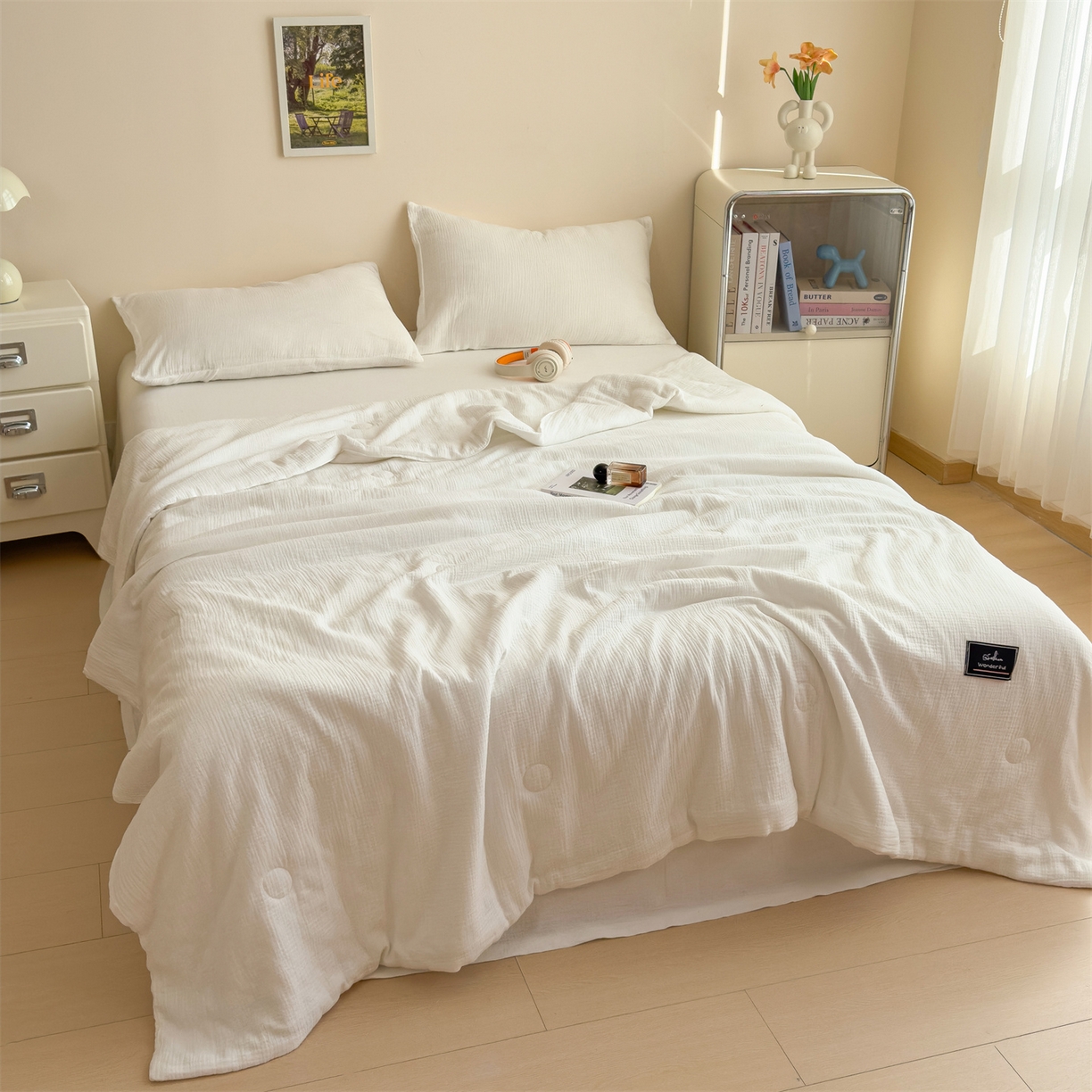 91家纺网 家纺一手货源 找家纺 布凡家居 2026新款A类母婴级全棉皱皱纱大豆夏被夏凉被空调被 马卡龙-米白