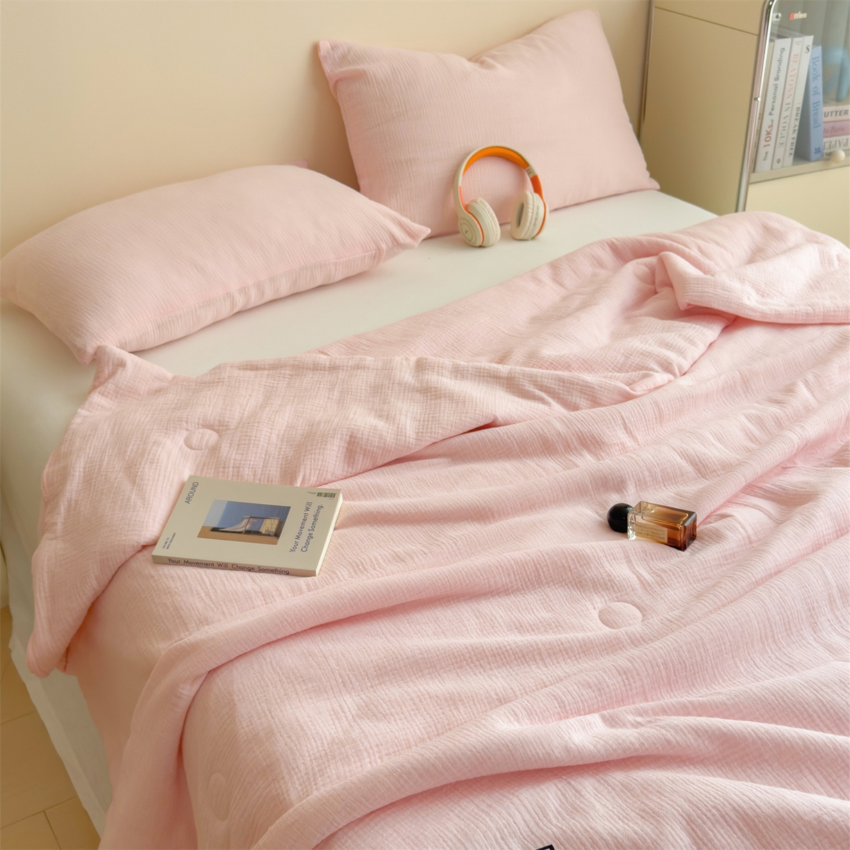 91家纺网 家纺一手货源 找家纺 布凡家居 2026新款A类母婴级全棉皱皱纱大豆夏被夏凉被空调被 马卡龙-樱花粉