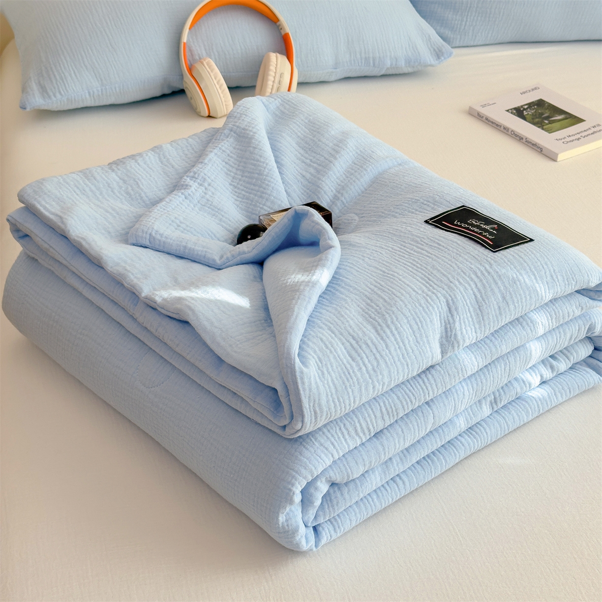 91家纺网 家纺一手货源 找家纺 布凡家居 2026新款A类母婴级全棉皱皱纱大豆夏被夏凉被空调被 马卡龙-天空蓝