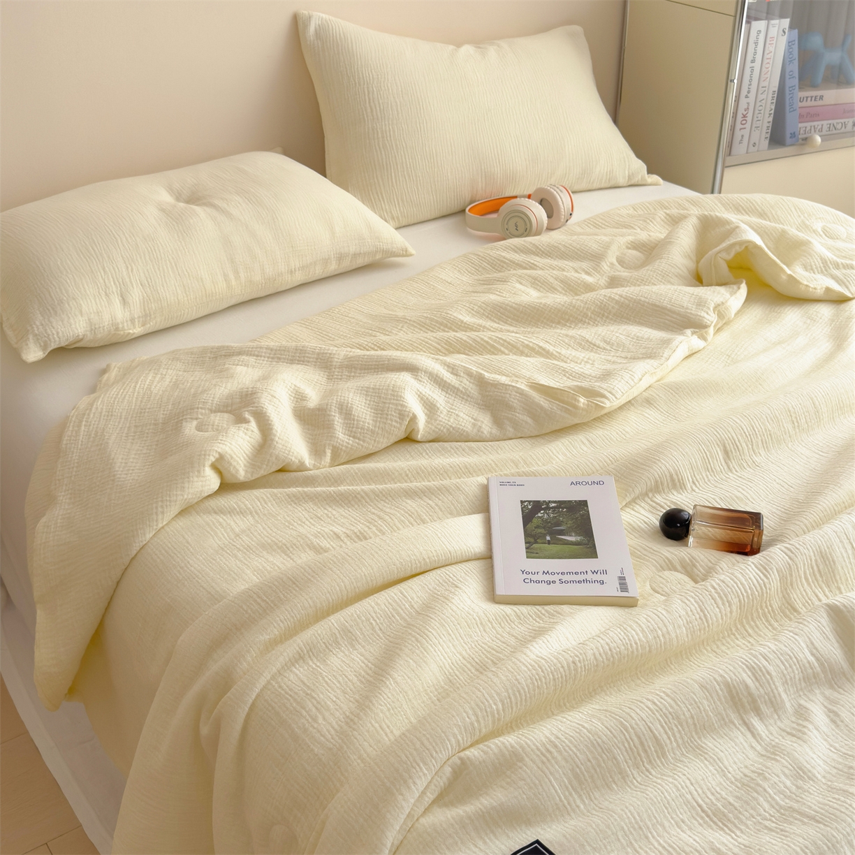 91家纺网 家纺一手货源 找家纺 布凡家居 2026新款A类母婴级全棉皱皱纱大豆夏被夏凉被空调被 马卡龙-米黄