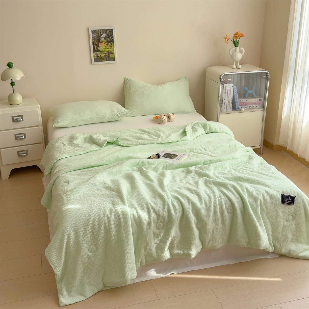 91家纺网 家纺一手货源 找家纺 布凡家居 2026新款A类母婴级全棉皱皱纱大豆夏被夏凉被空调被 马卡龙-果绿