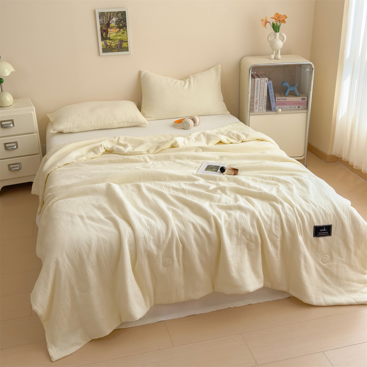 91家纺网 家纺一手货源 找家纺 布凡家居 2026新款A类母婴级全棉皱皱纱大豆夏被夏凉被空调被 马卡龙-米黄