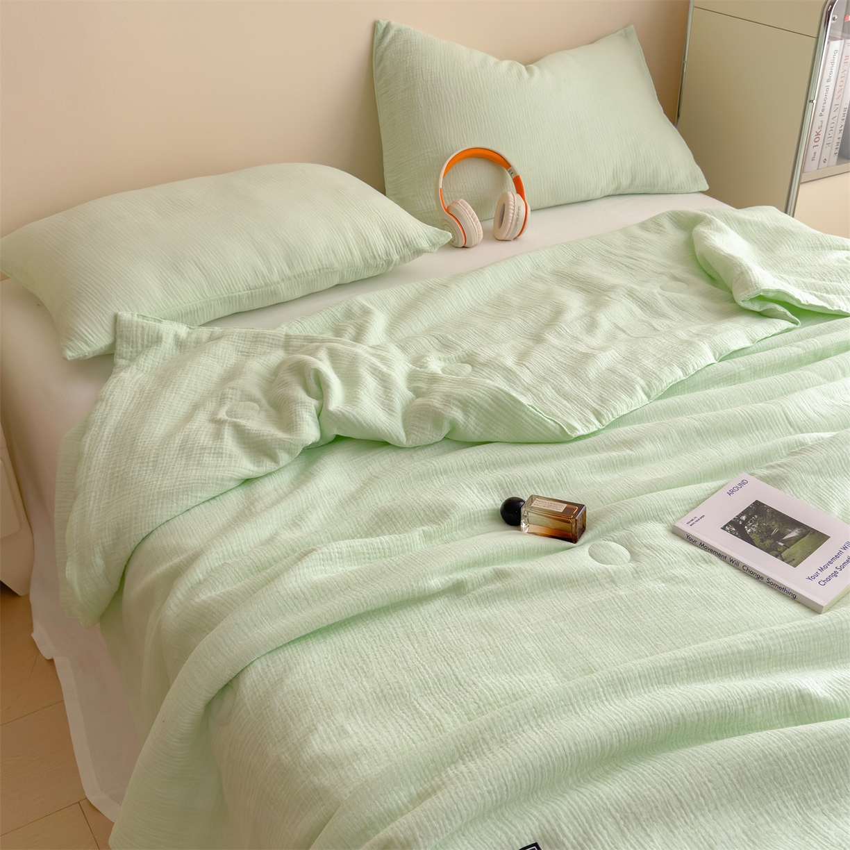 91家纺网 家纺一手货源 找家纺 布凡家居 2026新款A类母婴级全棉皱皱纱大豆夏被夏凉被空调被 马卡龙-果绿
