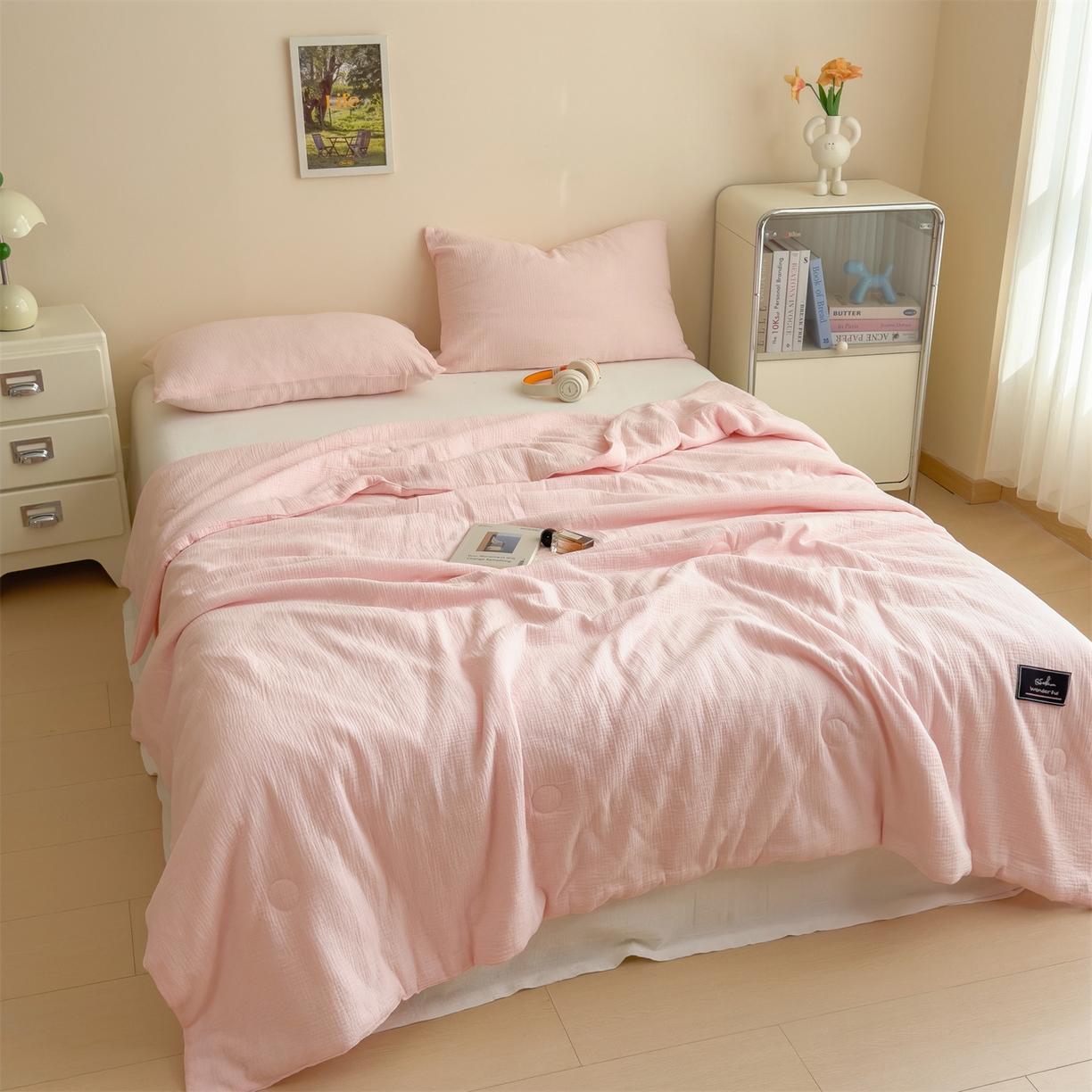 91家纺网 家纺一手货源 找家纺 布凡家居 2026新款A类母婴级全棉皱皱纱大豆夏被夏凉被空调被 马卡龙-樱花粉