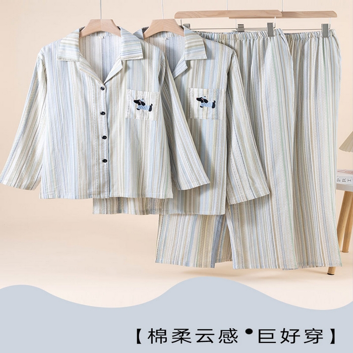 91家纺网 家纺一手货源 找家纺 （总）洛兰沙家居馆 情侣睡衣女春秋季长袖棉质可外穿男生翻领开衫春秋家居服条纹套装