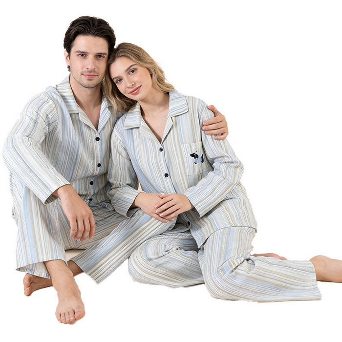 91家纺网 家纺一手货源 找家纺 （总）洛兰沙家居馆 情侣睡衣女春秋季长袖棉质可外穿男生翻领开衫春秋家居服条纹套装