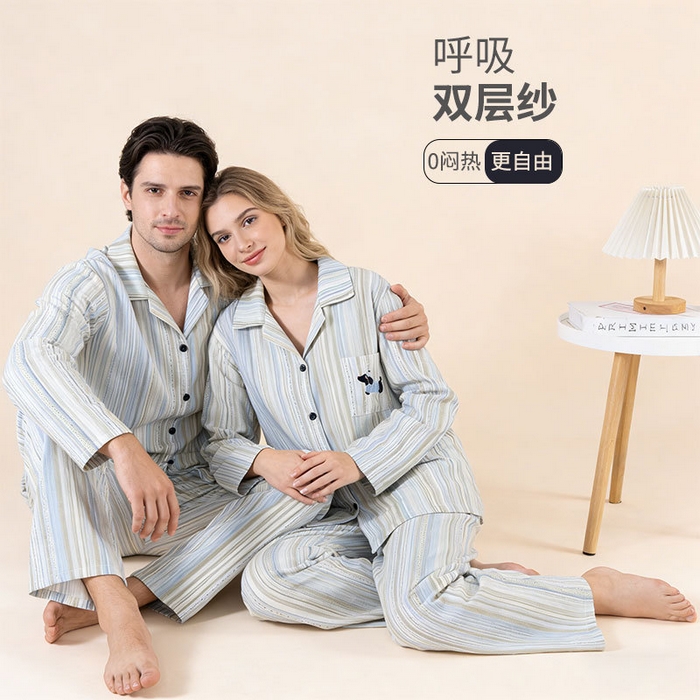 91家纺网 家纺一手货源 找家纺 （总）洛兰沙家居馆 情侣睡衣女春秋季长袖棉质可外穿男生翻领开衫春秋家居服条纹套装