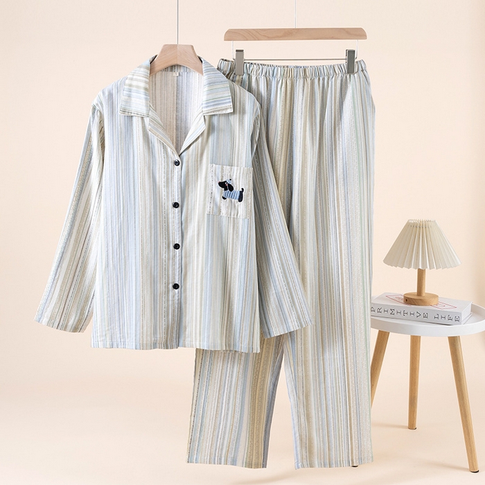 91家纺网 家纺一手货源 找家纺 （总）洛兰沙家居馆 情侣睡衣女春秋季长袖棉质可外穿男生翻领开衫春秋家居服条纹套装