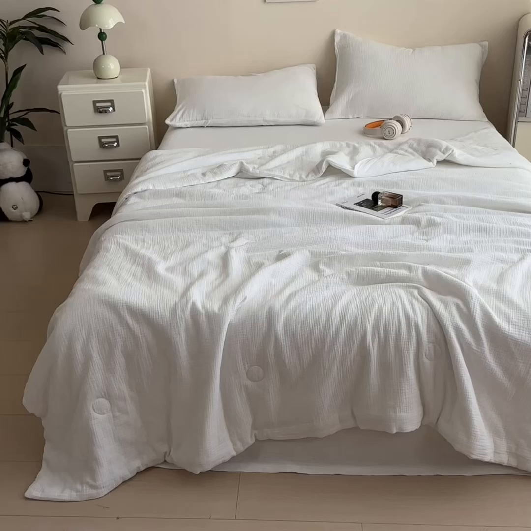 91家纺网 家纺一手货源 找家纺 布凡家居 2026新款A类母婴级全棉皱皱纱大豆夏被夏凉被空调被 马卡龙-米白