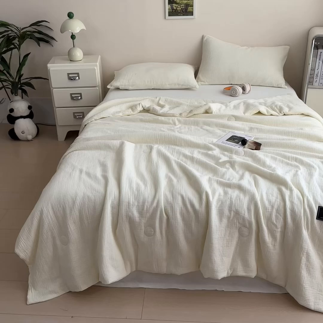 91家纺网 家纺一手货源 找家纺 布凡家居 2026新款A类母婴级全棉皱皱纱大豆夏被夏凉被空调被 马卡龙-米黄