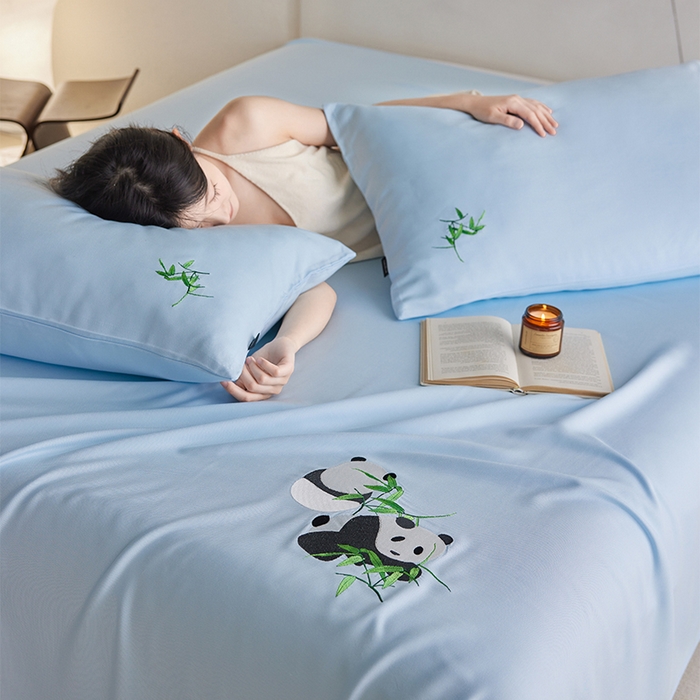 91家纺网 家纺一手货源 找家纺 春皖家纺 2026新款A类竹纤维绣花床单凉席系列-单枕套风格2 流星蓝