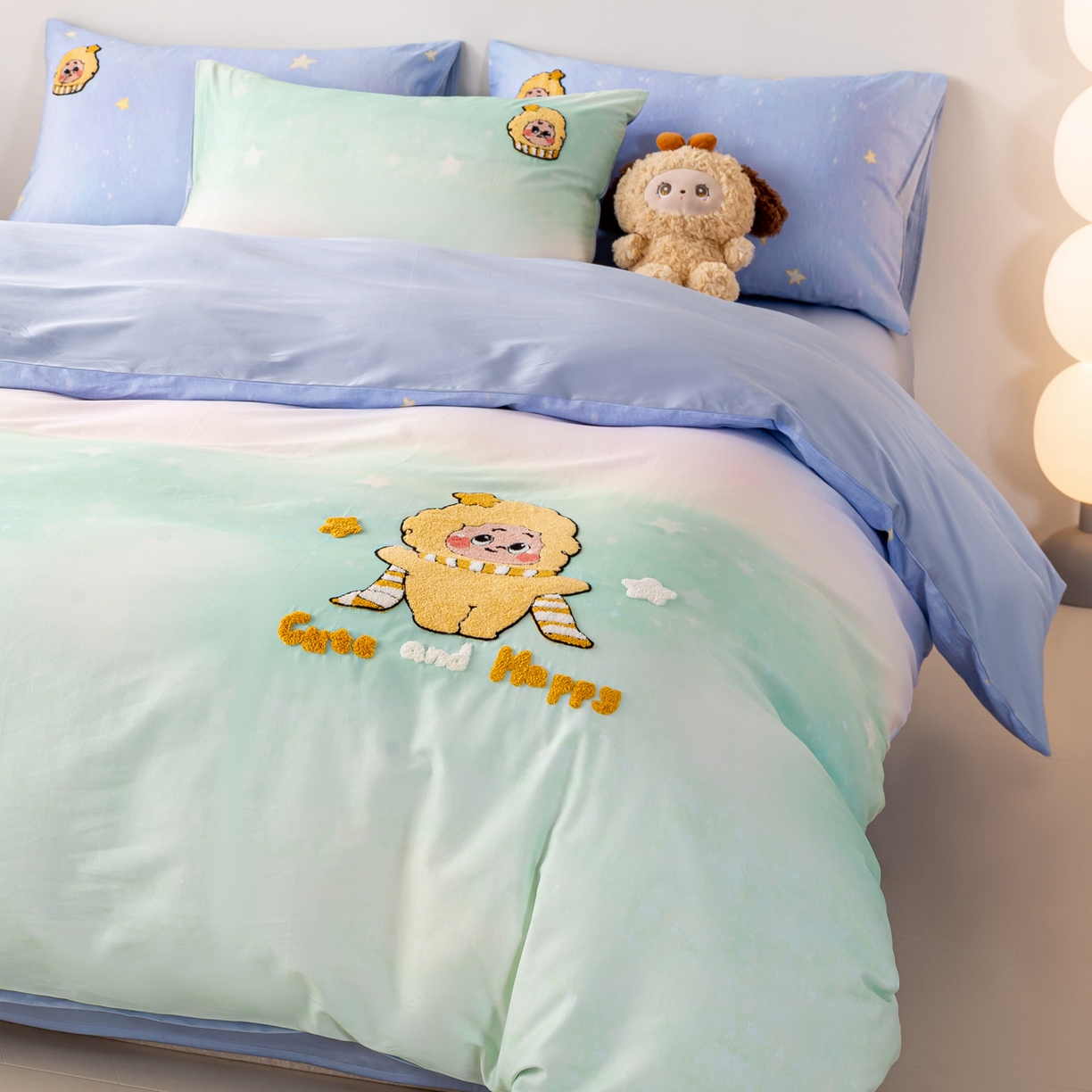 91家纺网 家纺一手货源 找家纺 卧趣家纺 2026新款A类100Pro贡缎全棉纯棉卡通毛巾绣四件套-场景一 小星星