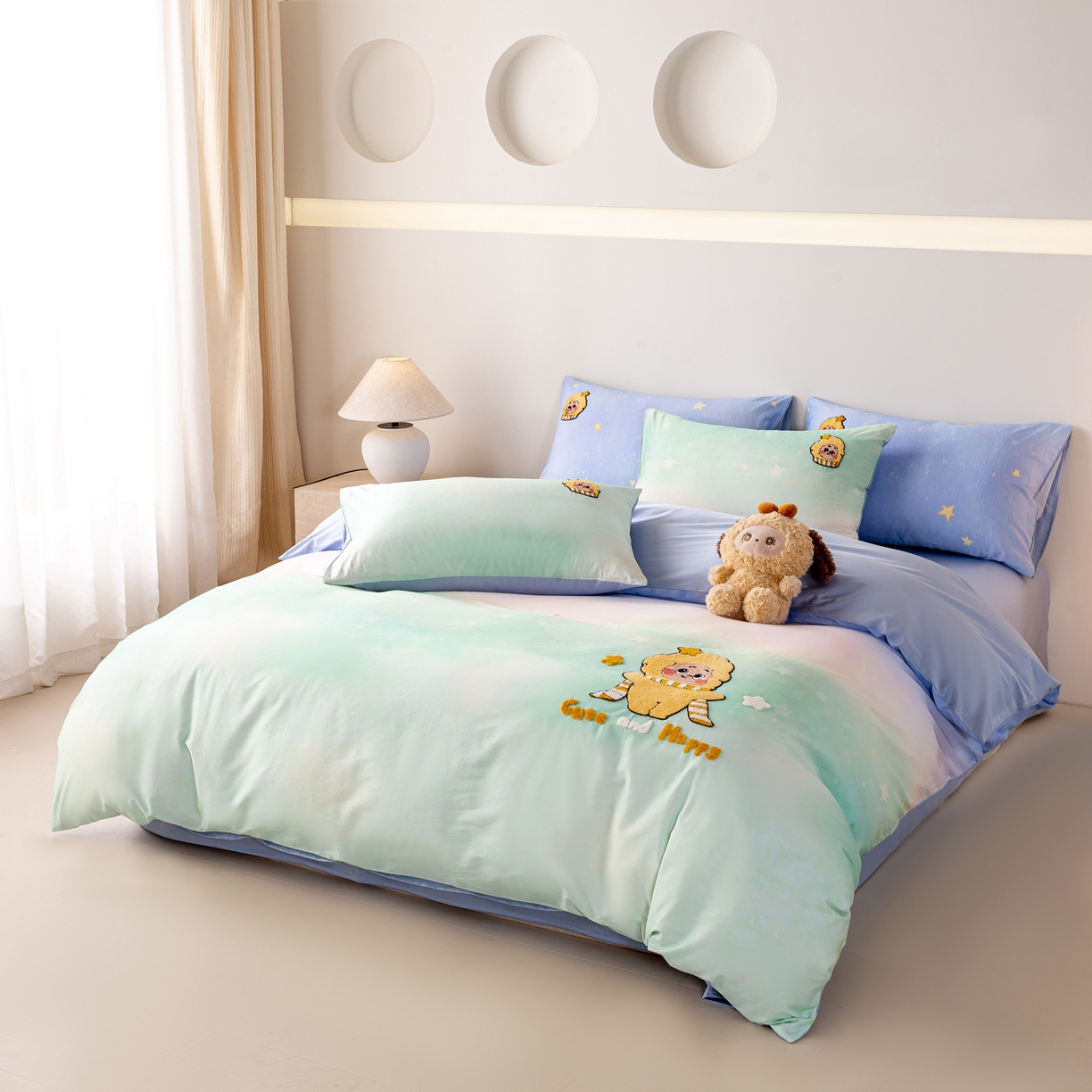 91家纺网 家纺一手货源 找家纺 卧趣家纺 2026新款A类100Pro贡缎全棉纯棉卡通毛巾绣四件套-场景一 小星星