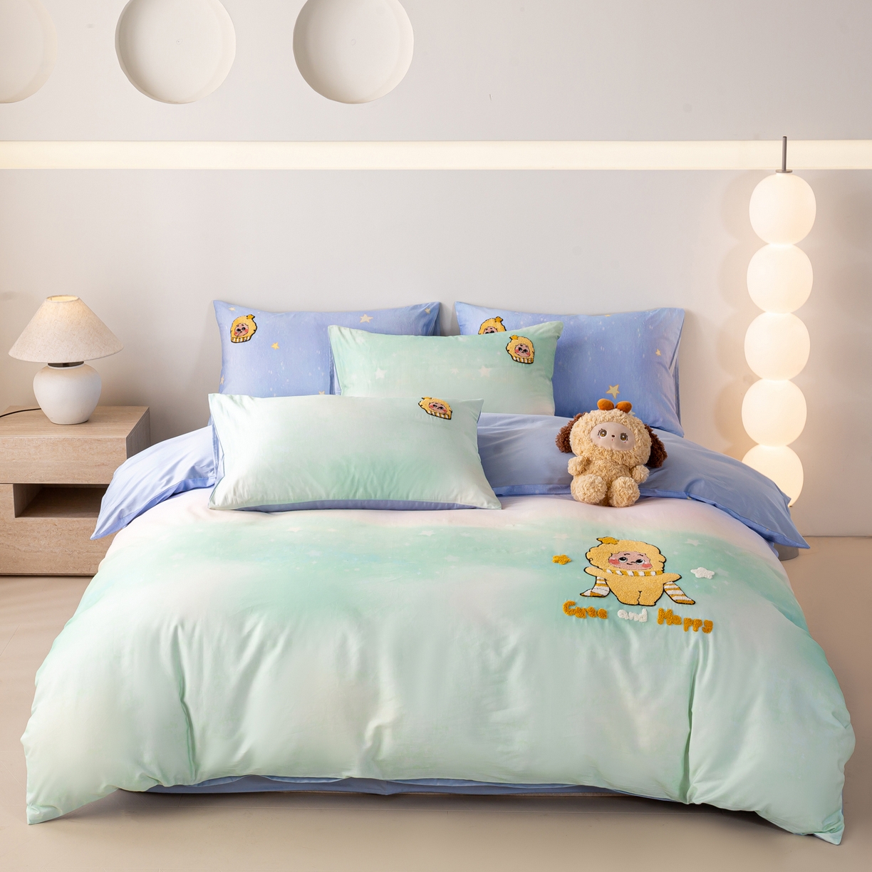 91家纺网 家纺一手货源 找家纺 卧趣家纺 2026新款A类100Pro贡缎全棉纯棉卡通毛巾绣四件套-场景一 小星星