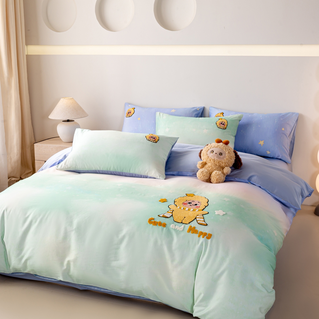 91家纺网 家纺一手货源 找家纺 卧趣家纺 2026新款A类100Pro贡缎全棉纯棉卡通毛巾绣四件套-场景一 小星星