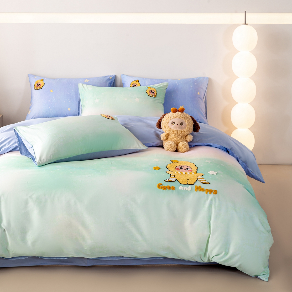 91家纺网 家纺一手货源 找家纺 卧趣家纺 2026新款A类100Pro贡缎全棉纯棉卡通毛巾绣四件套-场景一 小星星