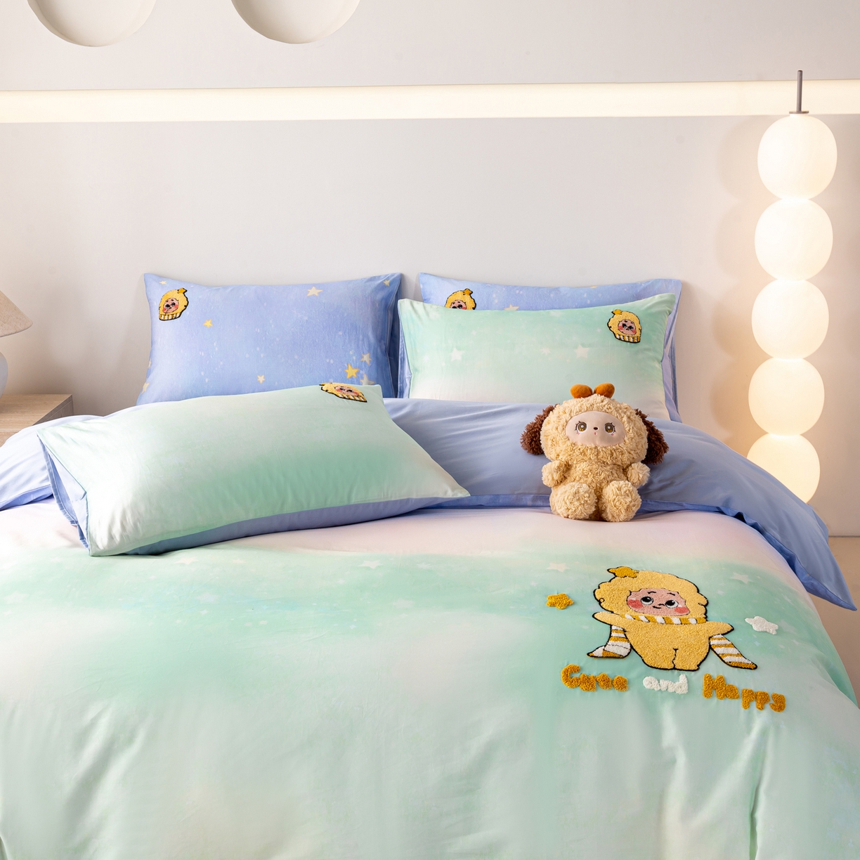 91家纺网 家纺一手货源 找家纺 卧趣家纺 2026新款A类100Pro贡缎全棉纯棉卡通毛巾绣四件套-场景一 小星星