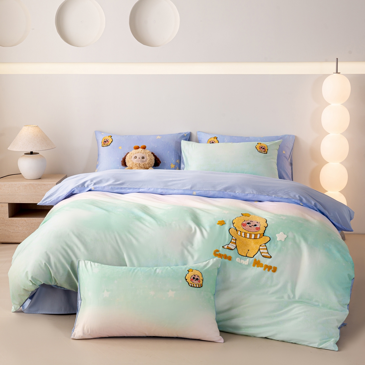 91家纺网 家纺一手货源 找家纺 卧趣家纺 2026新款A类100Pro贡缎全棉纯棉卡通毛巾绣四件套-场景一 小星星