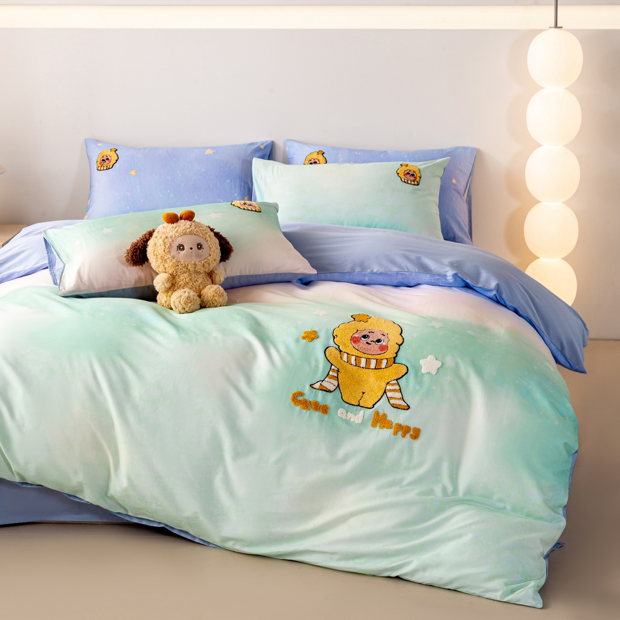 91家纺网 家纺一手货源 找家纺 卧趣家纺 2026新款A类100Pro贡缎全棉纯棉卡通毛巾绣四件套-场景一 小星星