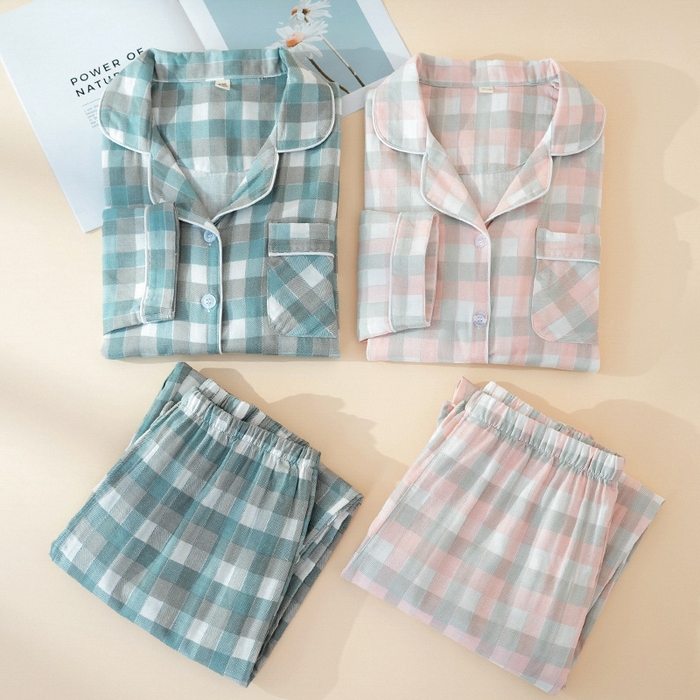 91家纺网 家纺一手货源 找家纺 （总）洛兰沙家居馆 日式纯棉情侣睡衣春秋夏季无印风男女纱布长袖长裤家居服套装