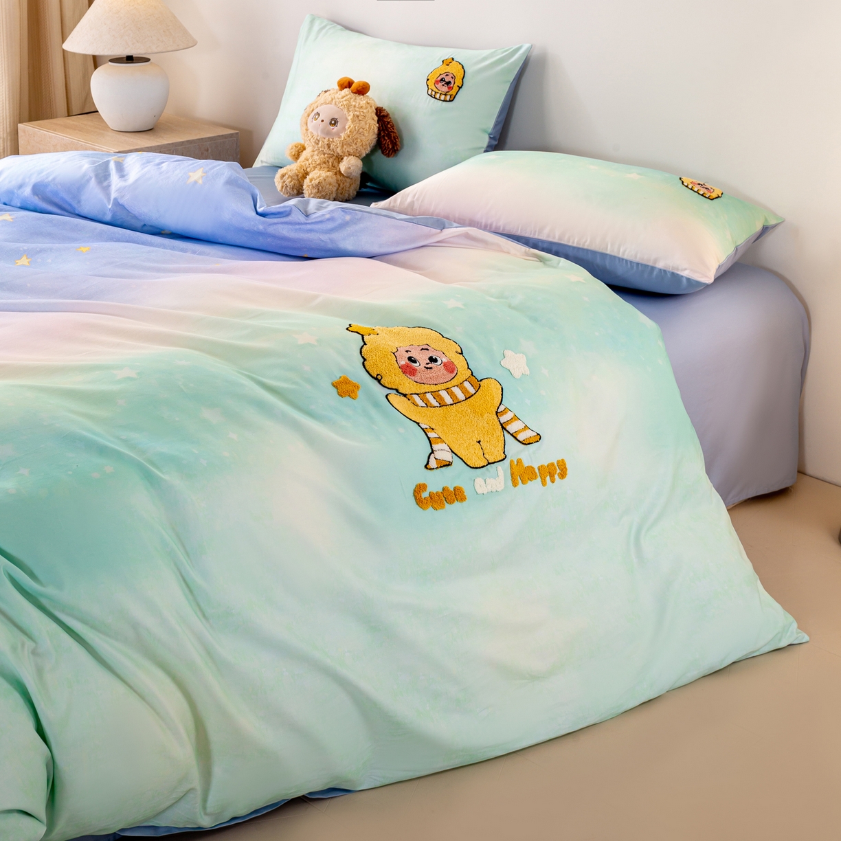 91家纺网 家纺一手货源 找家纺 卧趣家纺 2026新款A类100Pro贡缎全棉纯棉卡通毛巾绣四件套-场景一 小星星