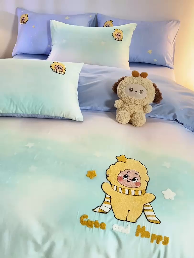 91家纺网 家纺一手货源 找家纺 卧趣家纺 2026新款A类100Pro贡缎全棉纯棉卡通毛巾绣四件套-场景一 小星星