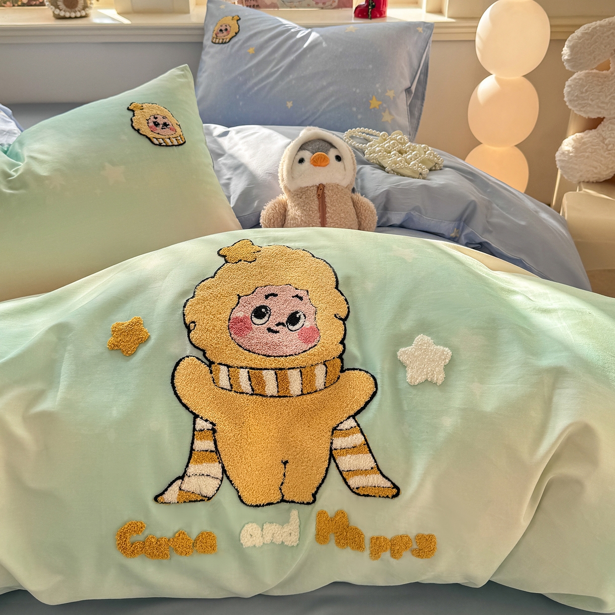 91家纺网 家纺一手货源 找家纺 卧趣家纺 2026新款A类100Pro贡缎全棉纯棉卡通毛巾绣四件套 小星星